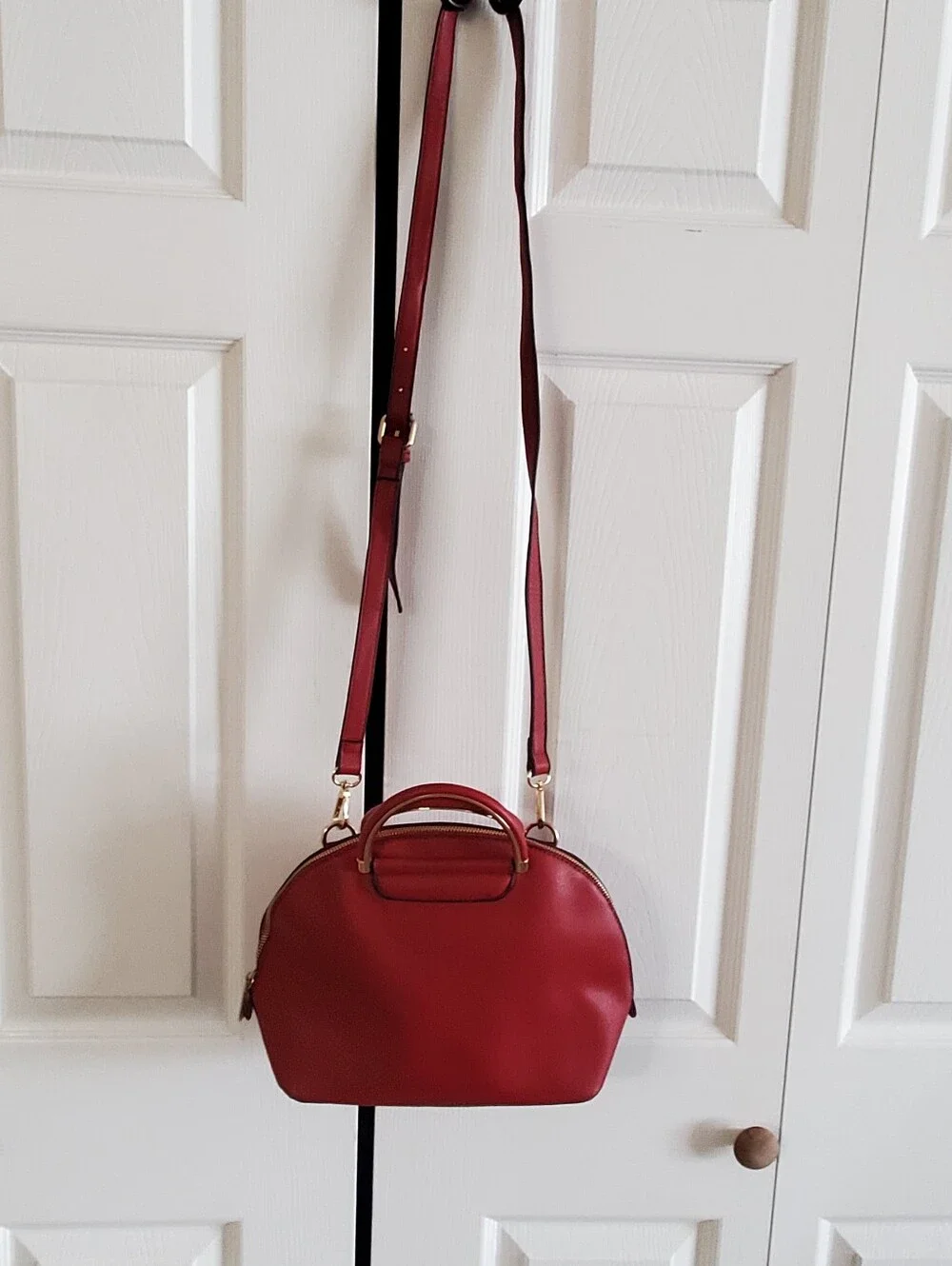 ISABELLE SATCHEL RED GOLD CROSSBODY TOP HANDLE DOME SHOULDER VEGAN LEATHER
